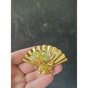 Rhinestone Floral Gold Tone Metal Fan Shaped Brooch Vintage Costume Jewelry